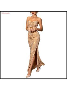 Sequin Bodycon Maxi Gown Backless Spaghetti Strap Formal Evening Dress